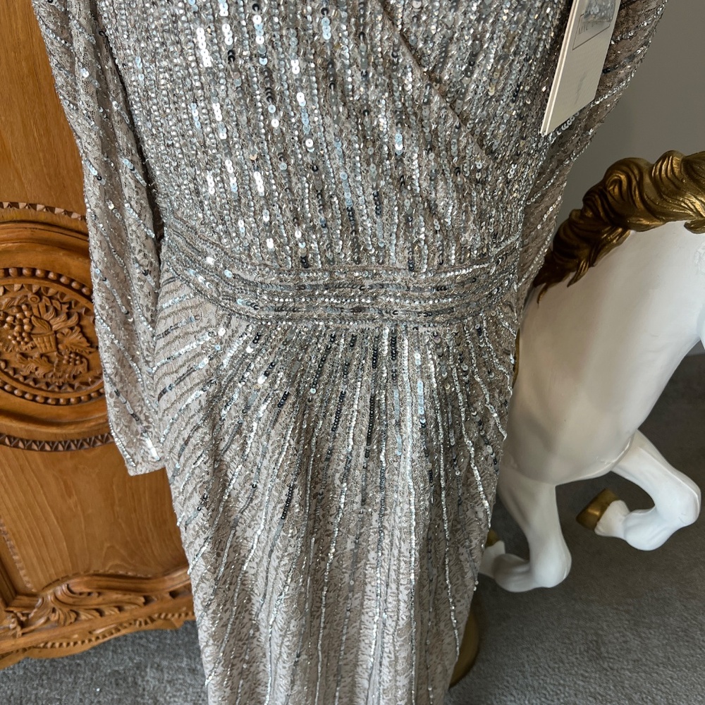 NWT Mac Duggal 93676 [20] Silver Beaded Lace Long Sleeve Midi Dress Cocktail - Picture 6 of 12